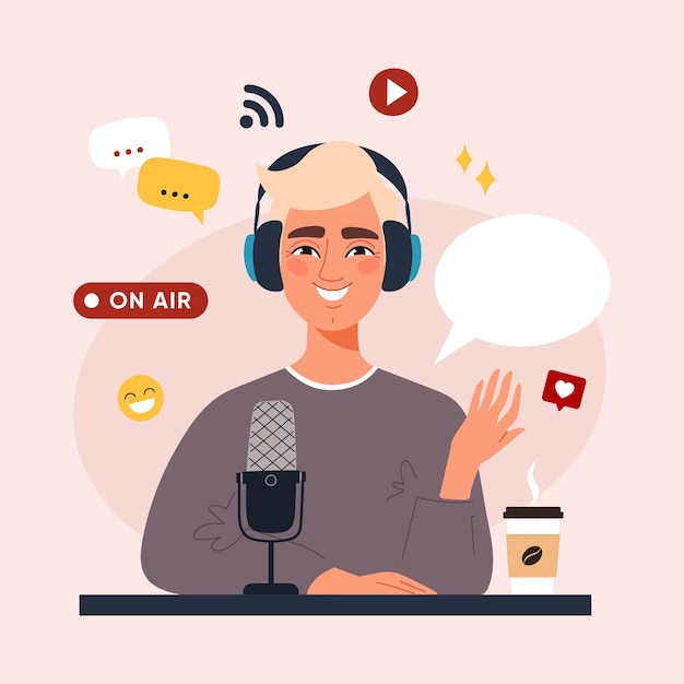 Un alegre presentador de podcast masculino con cabello rubio está hablando en un micrófono mientras lleva auriculares