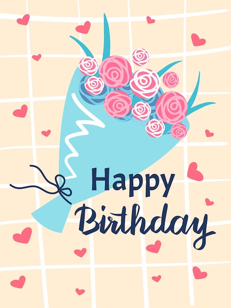 La alegre tarjeta de felicitación de cumpleaños presenta un ramo de rosas rosas y blancas envueltas en papel azul claro adornado con corazones en un fondo de cuadrícula creando una atmósfera festiva y romántica