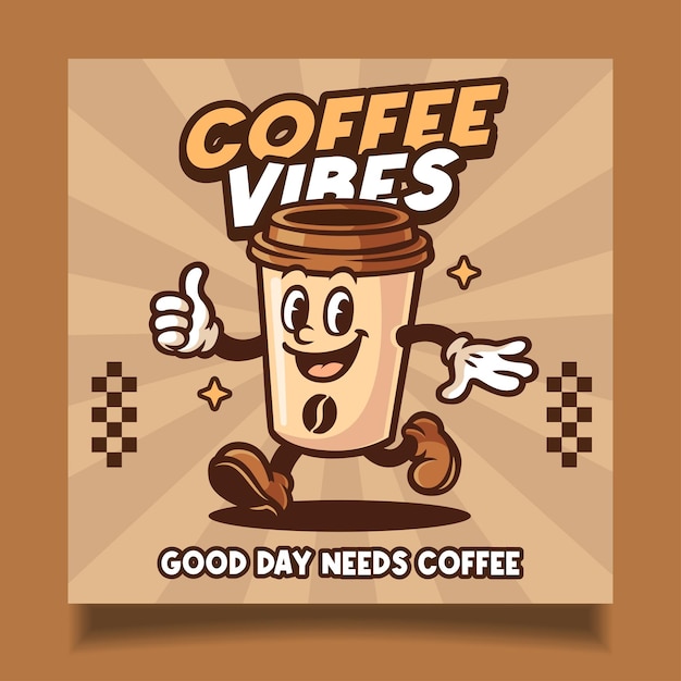 Alegre taza de café Retro logotipo de mascota para cafetería y cafetería Ilustración de cartel de café vintage