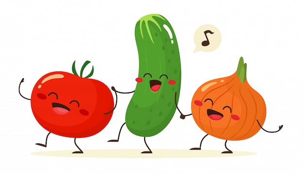 Alegre tomate, pepino y cebolla van de la mano. amigos para siempre. ilustración en estilo de dibujos animados plana.