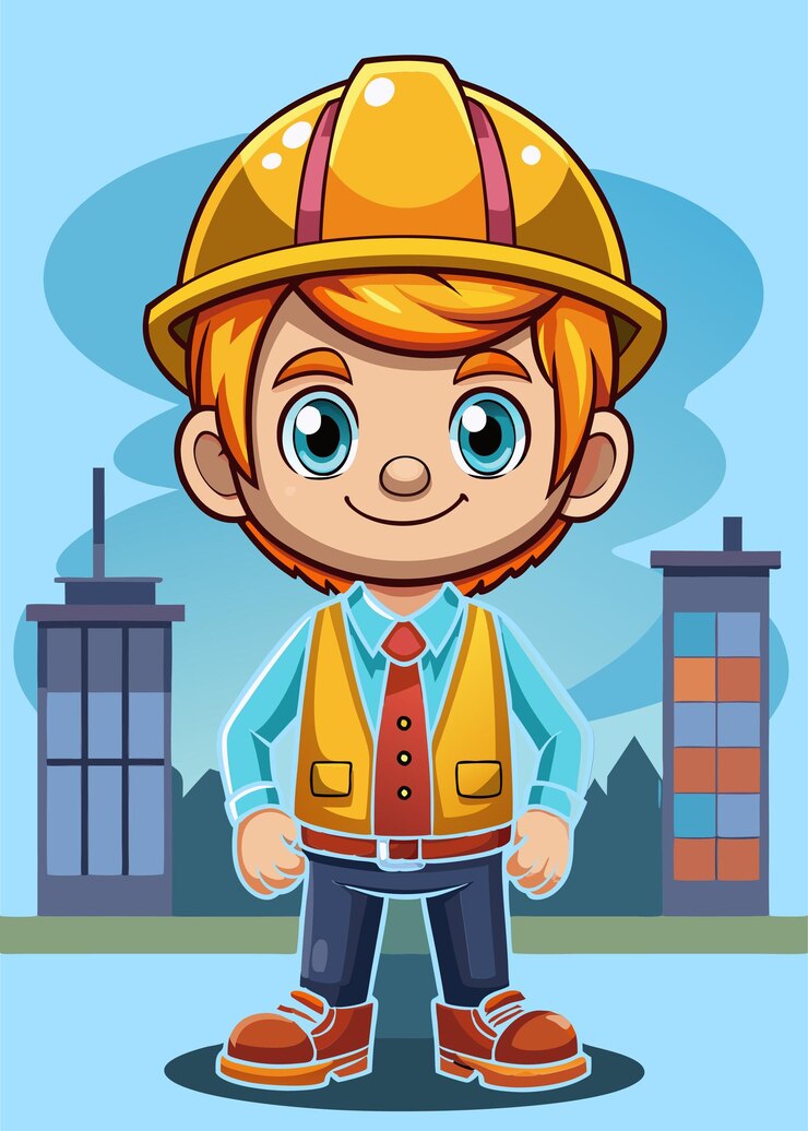 Vector un alegre trabajador de la construcción de dibujos animados de pie con orgullo frente a los edificios