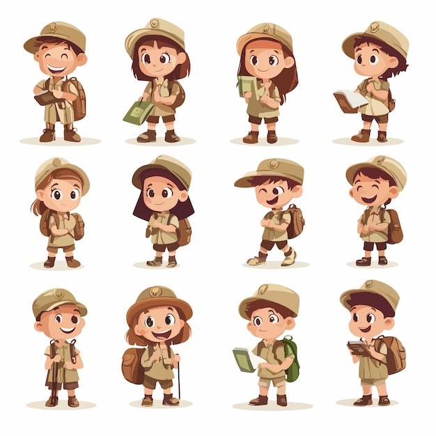 Alegres muchachos y muchachas exploradores en uniforme divirtiéndose al aire libre