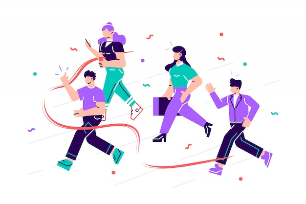 Alegres trabajadores de oficina o empleados cruzando la línea de meta y rasgando la cinta roja. Concepto de personas que participan en la competencia profesional, rivalidad en el trabajo. Ilustración de dibujos animados de estilo plano moderno