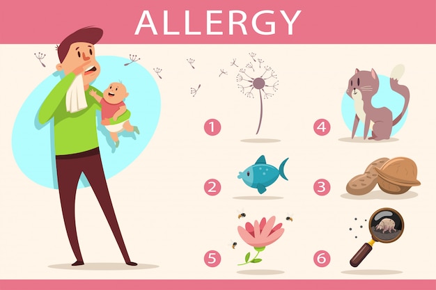 Alergia y alérgenos: polen, mascotas de lana, ácaros del polvo, alimentos y flores. infografía plana de dibujos animados. carácter del hombre con secreción nasal y bebé en las manos.