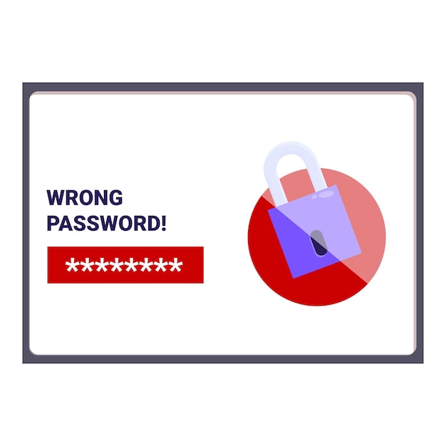 Alerta de seguridad del sitio web con notificación de contraseña errónea y icono de candado bloqueado