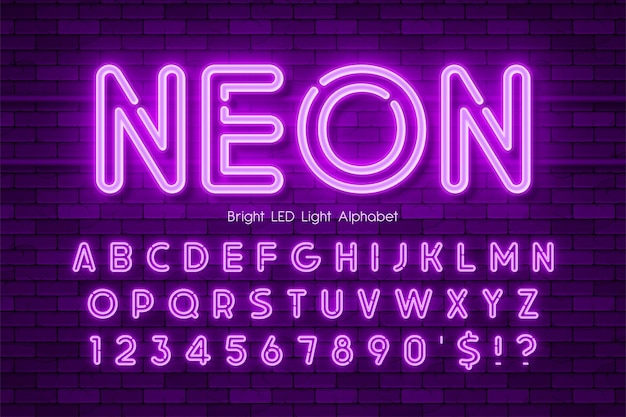 Vector alfabeto 3d de luz led, tipo moderno de neón extra brillante. control de color de muestra.
