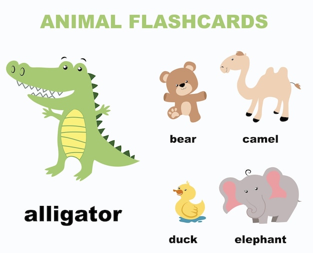 Alfabeto ABC con conjunto de ilustraciones de vectores de animales lindos. Educación preescolar con alfabeto inglés.