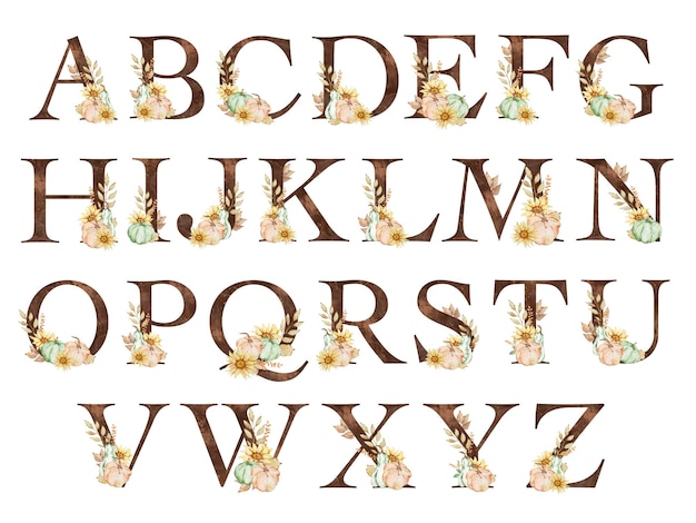 Vector alfabeto de acuarela con calabazas y girasoles para el diseño del día de acción de gracias
