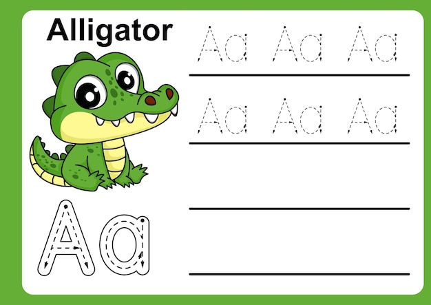 Alfabeto animal Letra A para cocodrilo colorido Alfabeto ABC hoja de trabajo de práctica de rastreo