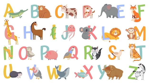 Vector alfabeto de animales de dibujos animados para niños. aprende letras con animales divertidos, abc de zoológico y alfabeto inglés para niños