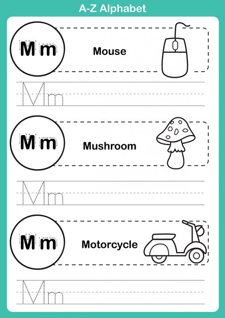 Alfabeto az ejercicio con vocabulario de dibujos animados para colorear libro