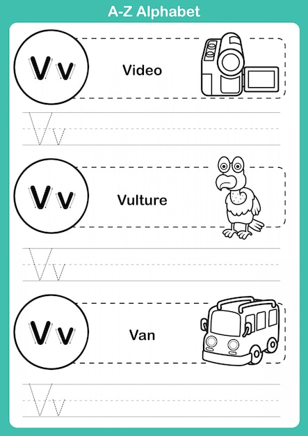 Alfabeto az ejercicio con vocabulario de dibujos animados para colorear libro