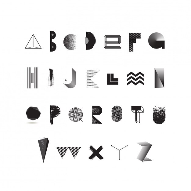 alfabeto blanco y negro Tipografía moderna hecha de diferentes formas abstractas y texturas. Conjunto de fuentes