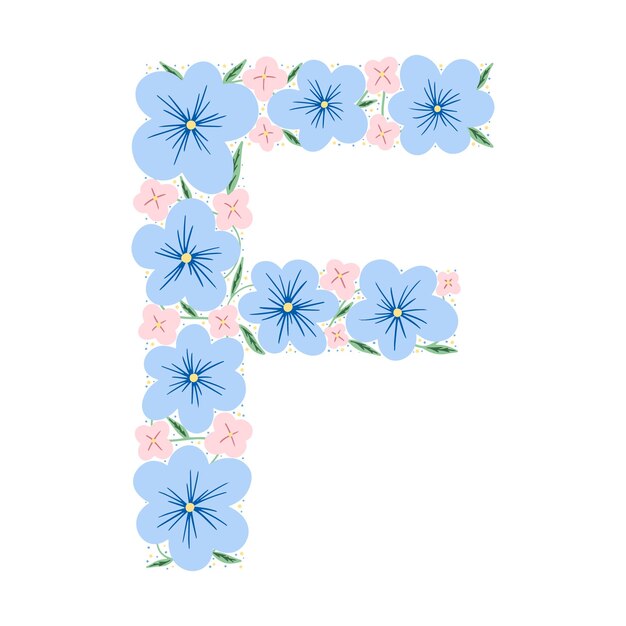 Alfabeto botánico floral Letra F dibujada a mano vintage con plantas y flores
