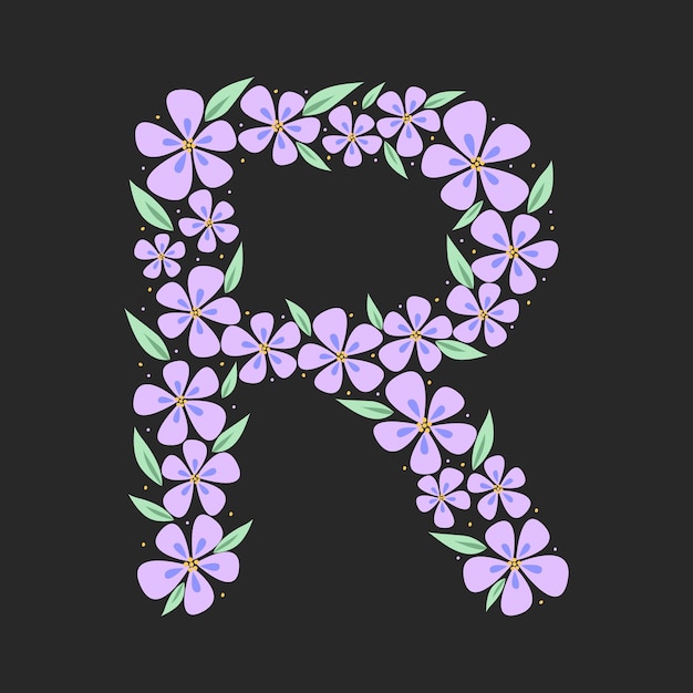 Alfabeto botánico floral Vintage dibujado a mano monograma letra R Letra con plantas y flores