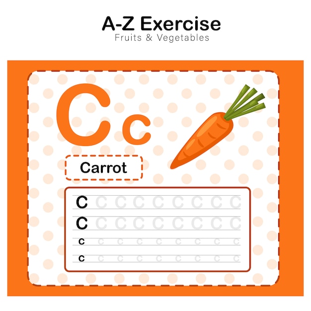 Alfabeto c. ejercicio con ilustración de vocabulario de dibujos animados de zanahoria, zanahoria
