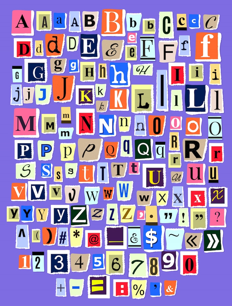 Vector alfabeto collage abc fuente alfabética carta recorte de revista de periódico y colorido alfabético hecho a mano corte texto periódico ilustración alfabéticamente tipografía aislado en el fondo