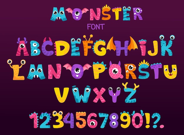 Vector alfabeto colorido de dibujos animados con letras divertidas de monstruos con alas ojos boca para niños de halloween