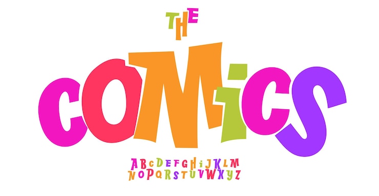 Vector alfabeto cómico lúdico letras exageradas vibrantes fuentes coloridas de estilo de dibujos animados para marcas infantiles