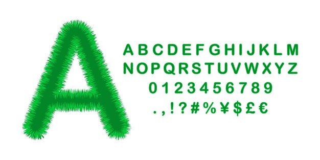 El alfabeto completo un conjunto de números de 0 a 9 y varios signos todo el verde está estilizado con hierba