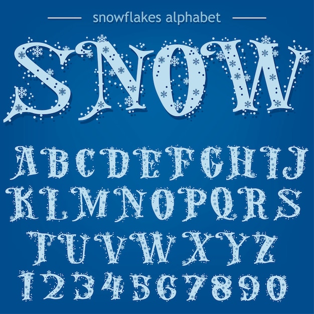 Alfabeto de copos de nieve, fuente de Navidad, letras y números sobre fondo azul. Vector