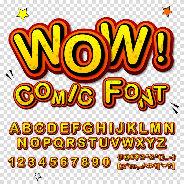 Alfabeto de dibujos animados en estilo cómic y pop art. Divertida fuente amarilla de letras y números para la página de cómics de decoración.