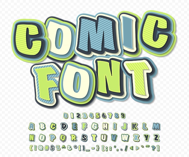 Alfabeto de dibujos animados en estilo cómic y pop art. Fuente verde-azul de letras y números para la página del libro de cómics de decoración