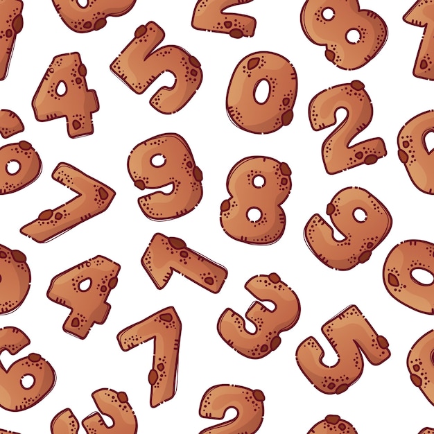 Alfabeto de dibujos animados de pan de jengibre Fuente de números en forma de pan de jengibre con chispas de chocolate Letras de galletas Patrón sin costuras para fondos fondos de pantalla composición textil Vector dibujado a mano