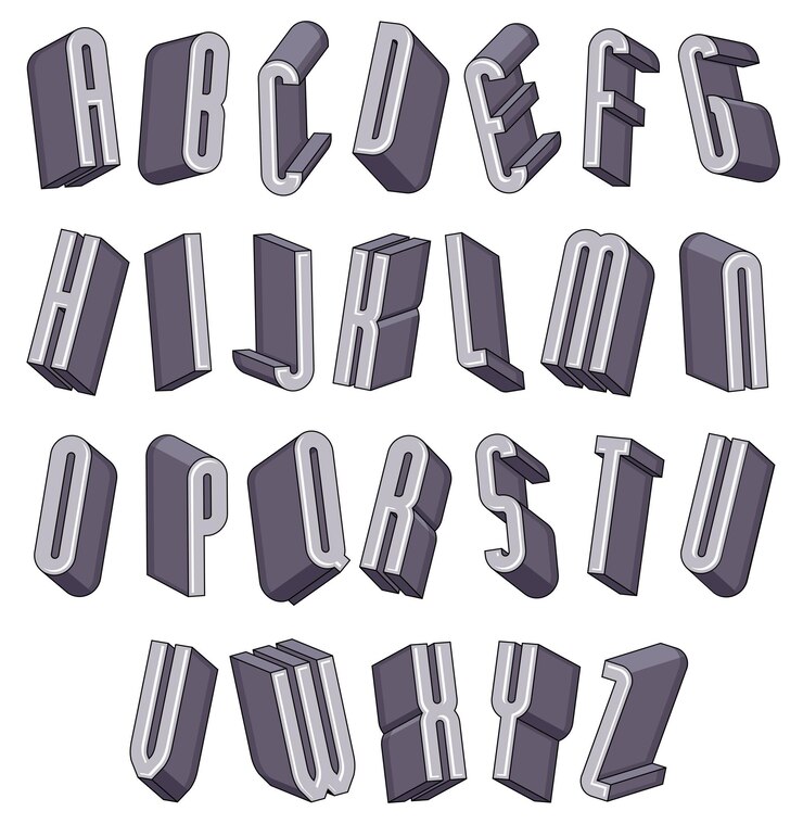Vector alfabeto dimensional monocromático de fuentes 3d