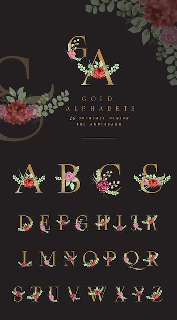 Alfabeto dorado colección con adornos florales.