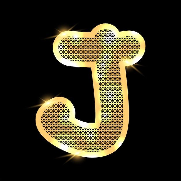 Vector alfabeto dorado con reflejos en un fondo oscuro. letra j