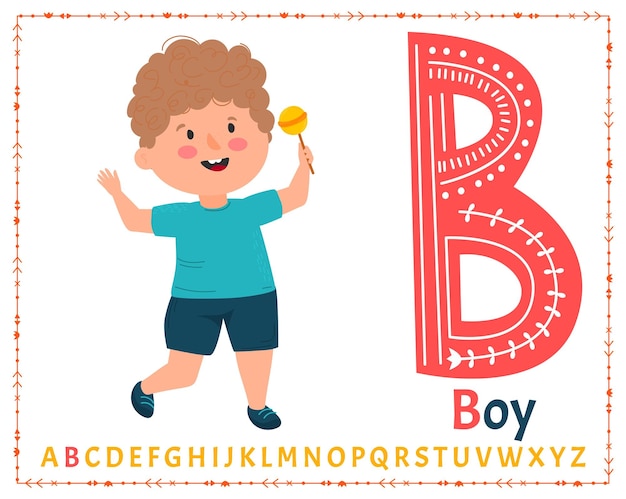 Alfabeto escandinavo vectorial alfabeto infantil de dibujos animados diseño dibujado a mano para aprender letras excelente para el diseño de postales, carteles, pegatinas, etc. b boy