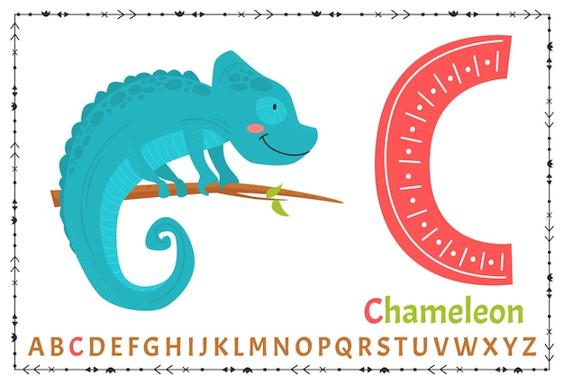 Alfabeto escandinavo vectorial Alfabeto infantil de dibujos animados Diseño dibujado a mano para aprender letras Excelente para el diseño de postales, carteles, pegatinas, etc. C camaleón