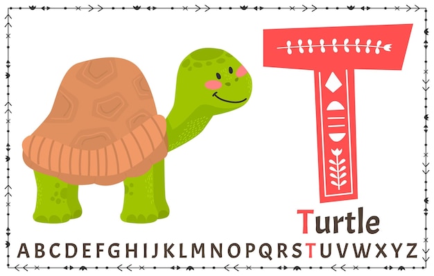 Alfabeto escandinavo vectorial Alfabeto infantil de dibujos animados Diseño dibujado a mano para aprender letras Excelente para el diseño de postales, carteles, pegatinas, etc. T tortuga