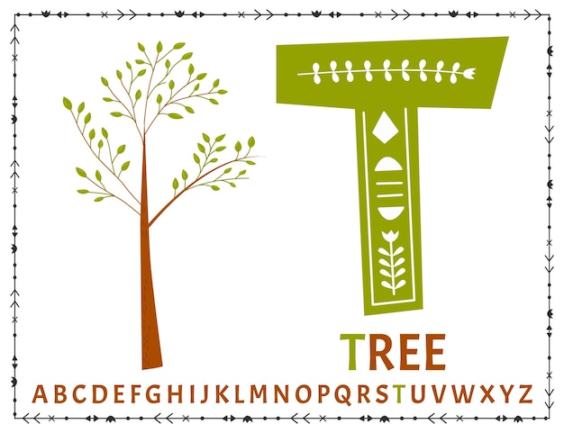 Alfabeto escandinavo vectorial alfabeto infantil de dibujos animados diseño dibujado a mano para aprender letras excelente para el diseño de postales, carteles, pegatinas, etc. t tree