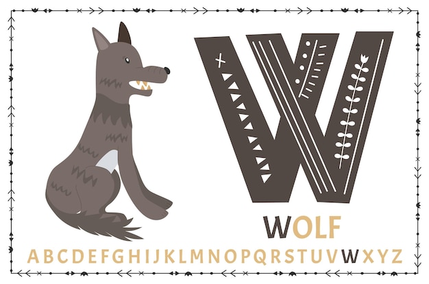 Alfabeto escandinavo vectorial alfabeto infantil de dibujos animados diseño dibujado a mano para aprender letras excelente para el diseño de postales, carteles, pegatinas, etc. w wolf