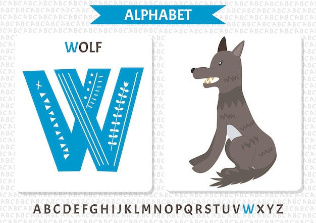 Alfabeto escandinavo vectorial alfabeto infantil de dibujos animados diseño dibujado a mano para aprender letras excelente para el diseño de postales, carteles, pegatinas, etc. w wolf