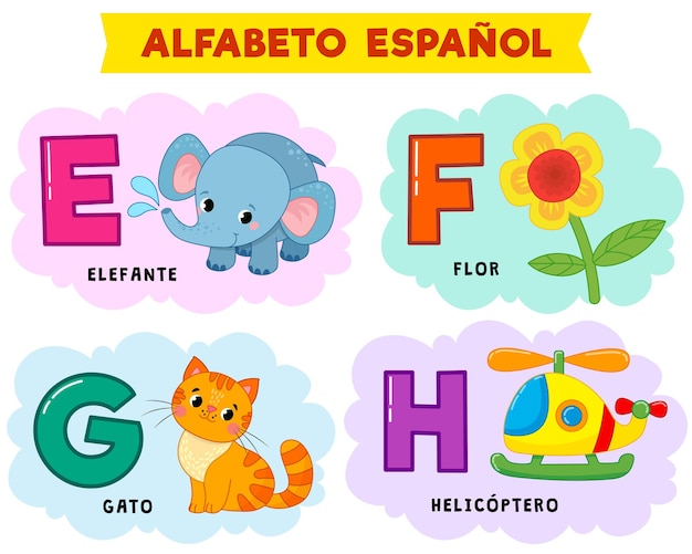Vector alfabeto español. ilustración vectorial escrito en español elefante, flor, helicoptero, gato
