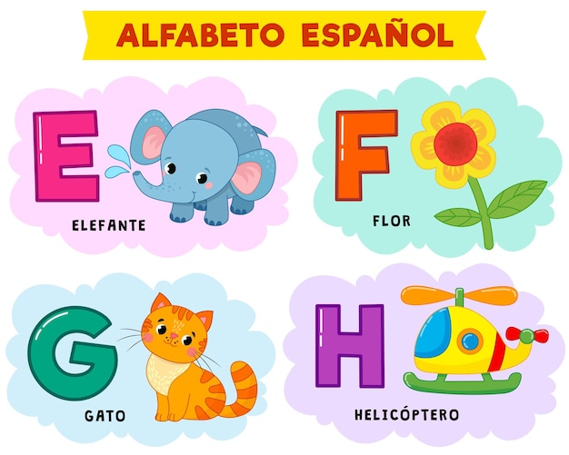 alfabeto español. ilustración vectorial escrito en español elefante, flor, helicoptero, gato