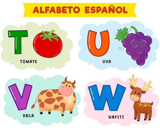 alfabeto español. ilustración vectorial escrito en español tomate, uva, vaca, venado