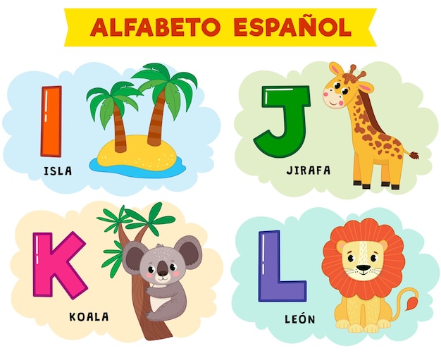alfabeto español. ilustración vectorial escrito en isla española, jirafa, león, koala
