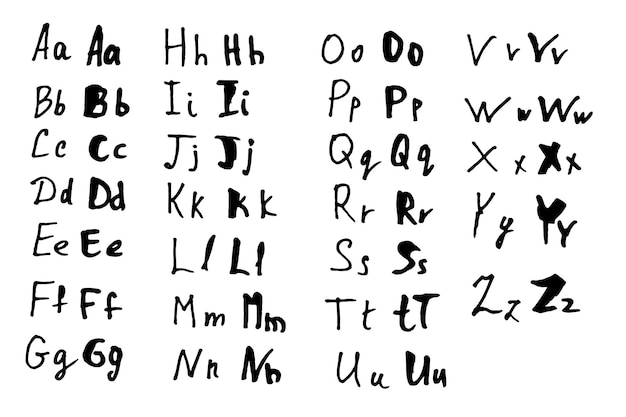 El alfabeto está escrito a mano con pluma negra, garabateos sobre fondo blanco, estilo Doodle, las letras inglesas son mayúsculas y pequeñas en diferentes estilos.