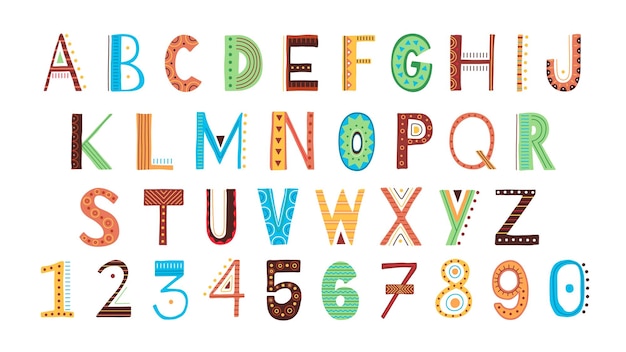 Alfabeto de estilo tribal étnico letras y números de tipo africano letras diseño gráfico creatividad escritura símbolos colección de tipografía vectorial picante