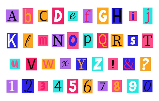 Vector alfabeto en estilo y2k 90s letras coloridas anónimas cortadas de revistas