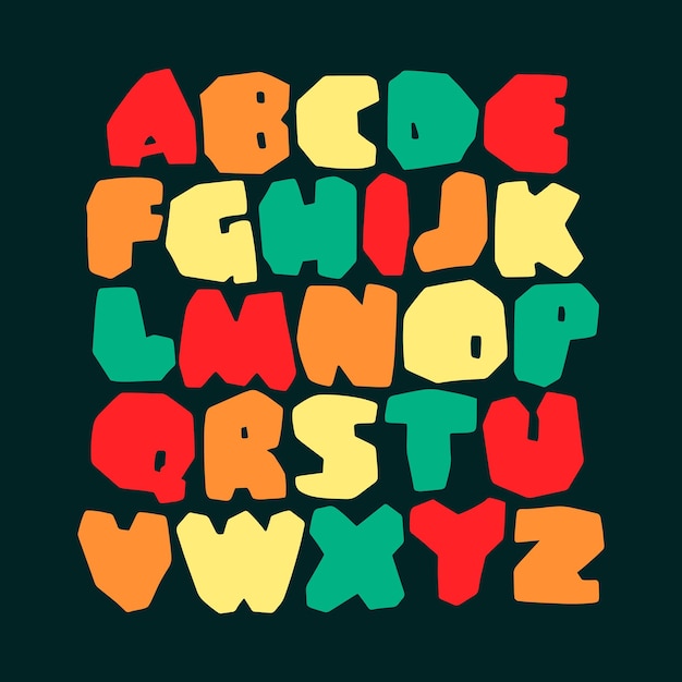 Alfabeto de facetas en negrita en estilo infantil brillante Letras gruesas coloridas para un diseño lúdico