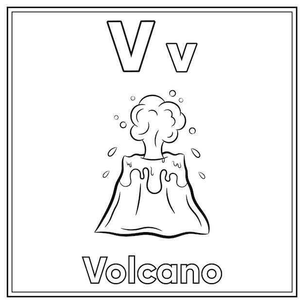 Alfabeto flashcard letra v con lindo volcán dibujo boceto para colorear |  Vector Premium