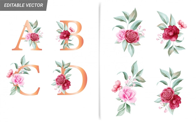 Vector alfabeto floral con elementos de decoración de ramo de flores acuarela