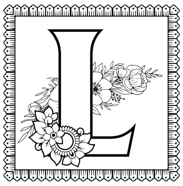 Alfabeto floral l letra página de colorear eps o vector