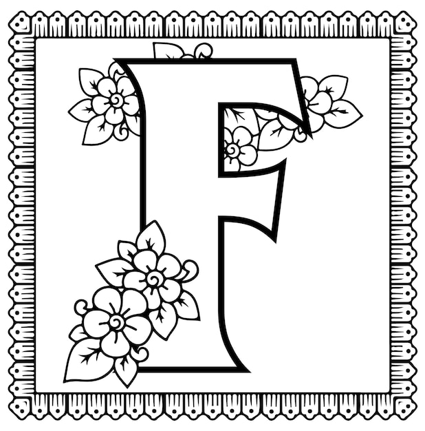 Alfabeto floral letra f página de colorear eps o vector