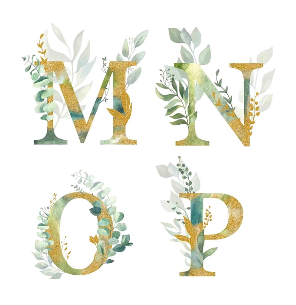 Vector alfabeto floral, letras m, n, o, p con acuarela verde y pan de oro.